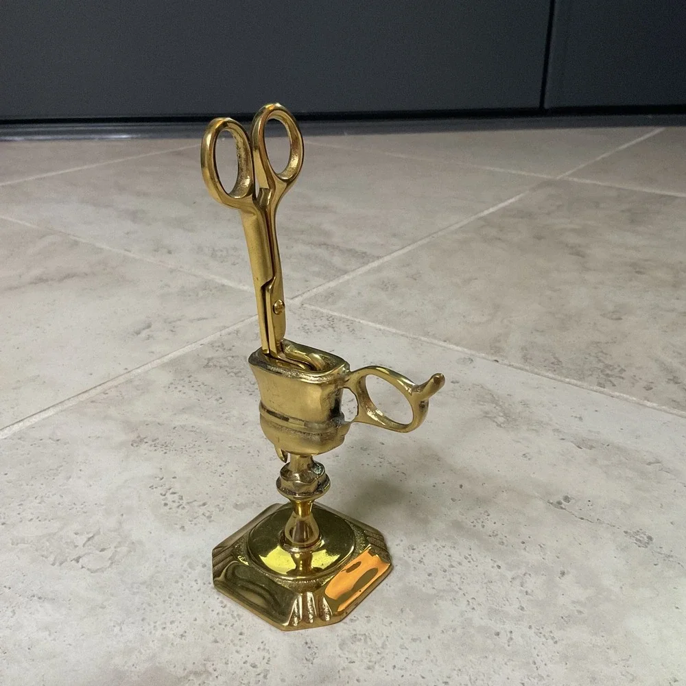 Vintage Solid Brass Candle Wick Snuffer Trimmer Scissor with Stand Made England